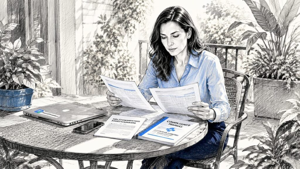 Compliance officer reviewing healthcare marketing documents