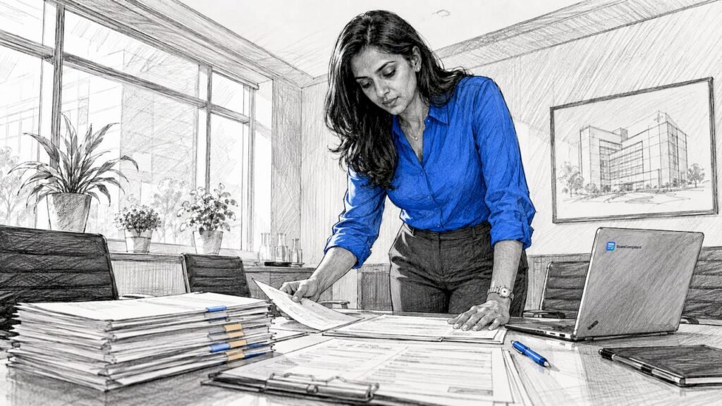 Healthcare professional reviewing compliance documents