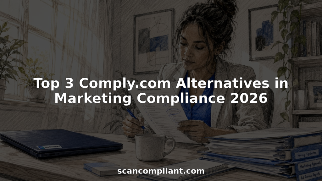 Marketing compliance officer reviewing documents at desk