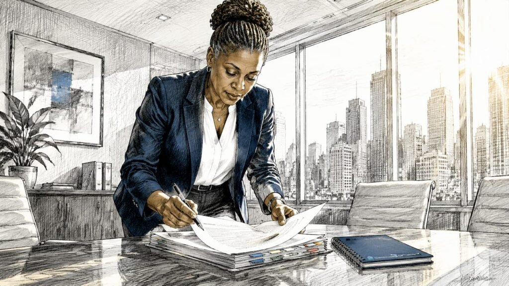 Compliance officer reviewing investor due diligence documents