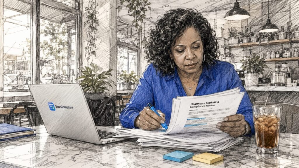 Woman reviewing healthcare compliance documents