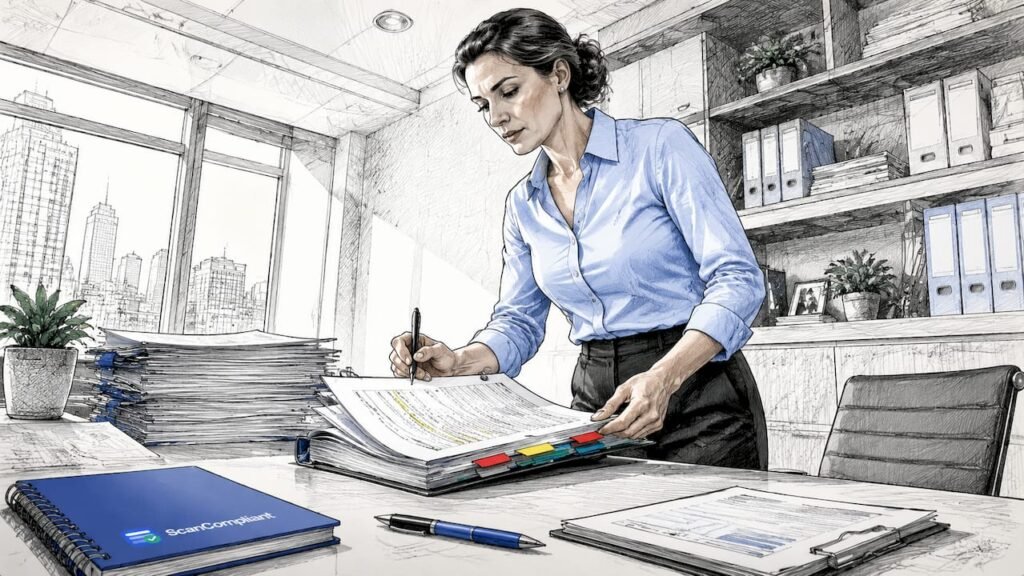 Healthcare officer reviewing compliance risk reports