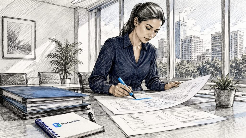 Healthcare compliance officer reviewing workflow documents