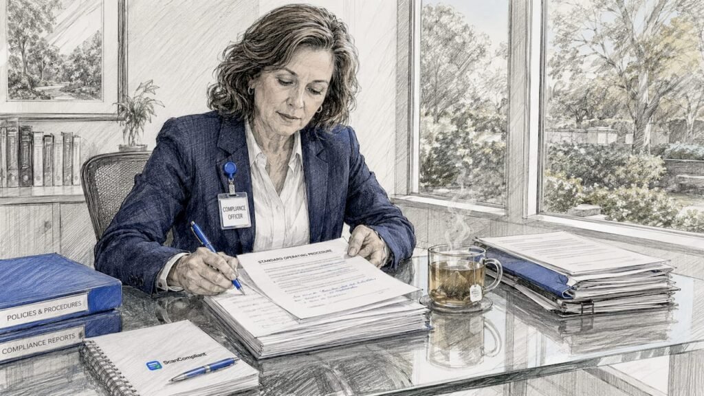 Healthcare compliance officer reviewing SOP documents