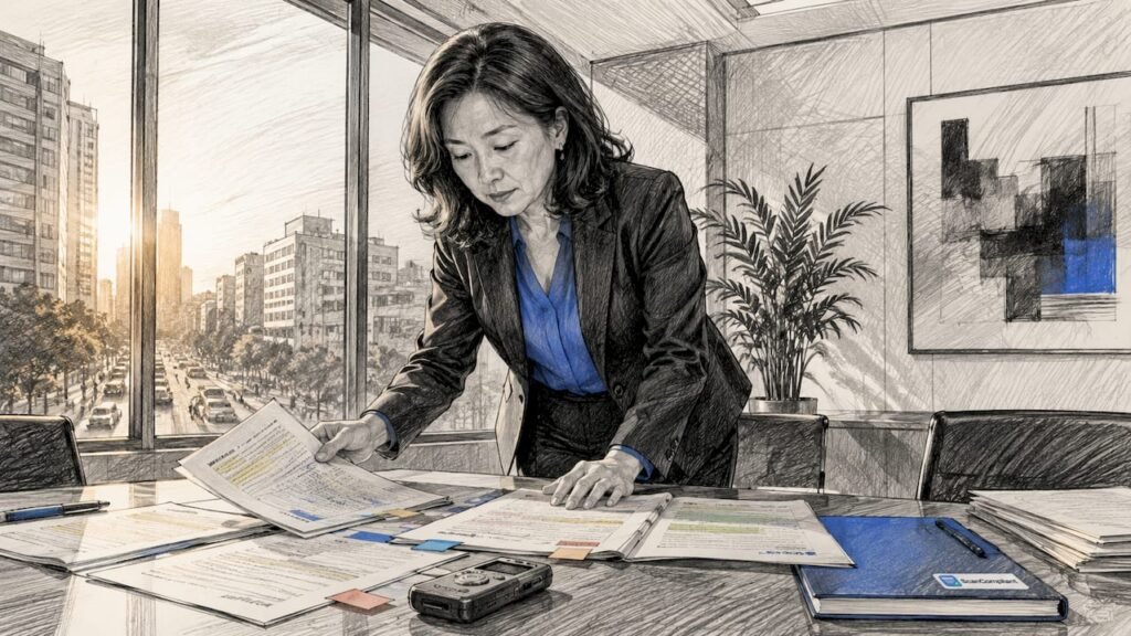 Compliance officer reviewing regulatory documents at desk