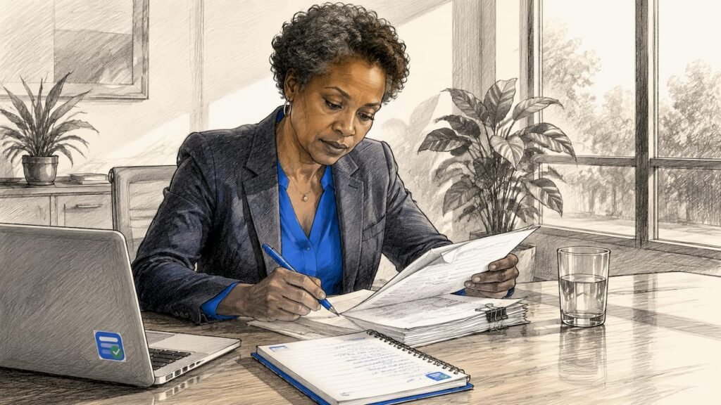 Compliance officer reviewing backlog documents