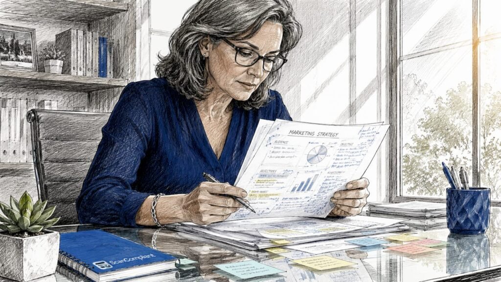 Healthcare professional reviewing content drafts