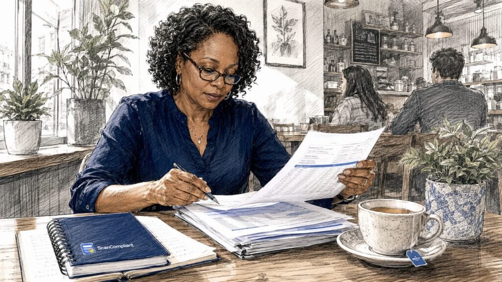 Compliance officer reviewing healthcare documents in office