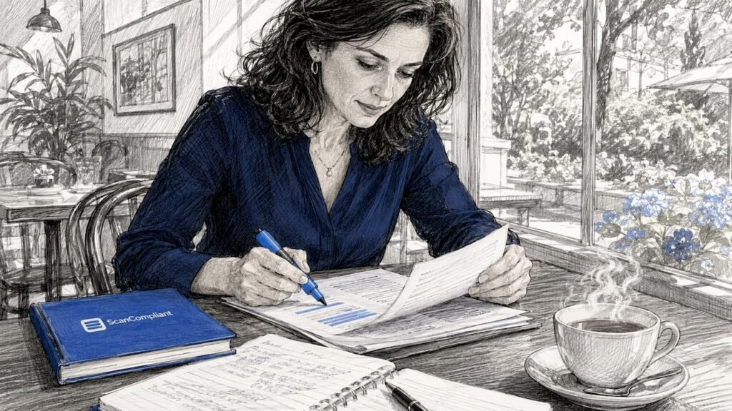 Healthcare compliance officer reviewing documents