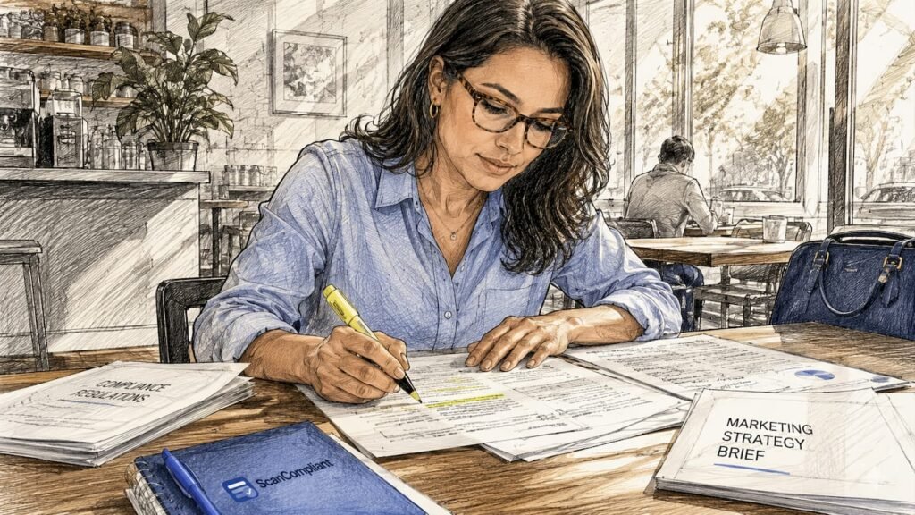 Healthcare compliance specialist reviewing documents
