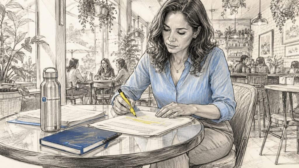 Compliance officer reviewing printed policies at table