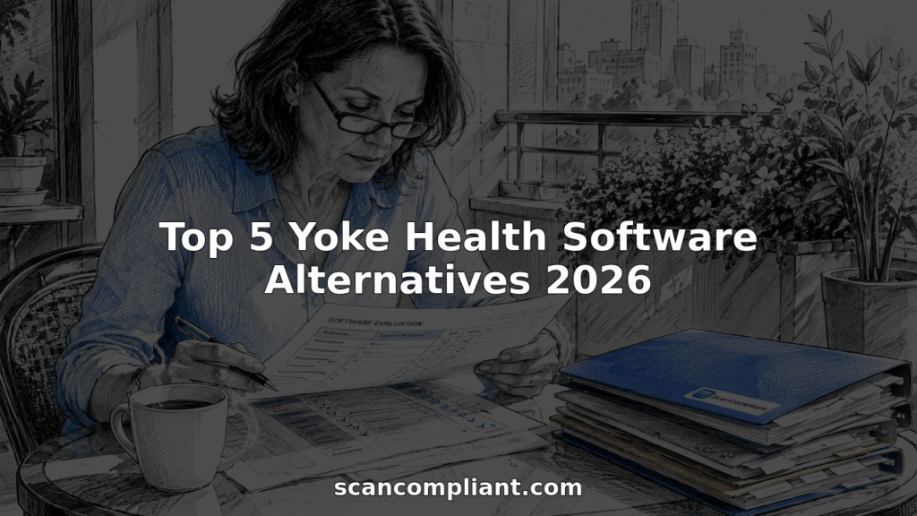 Compliance specialist reviewing software documents at desk