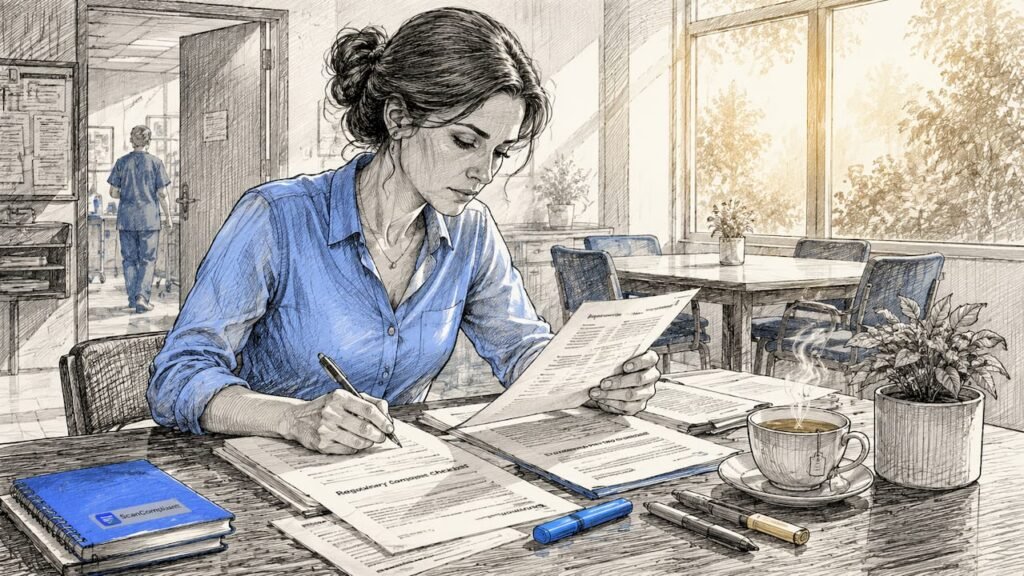 Healthcare compliance officer reviewing documents