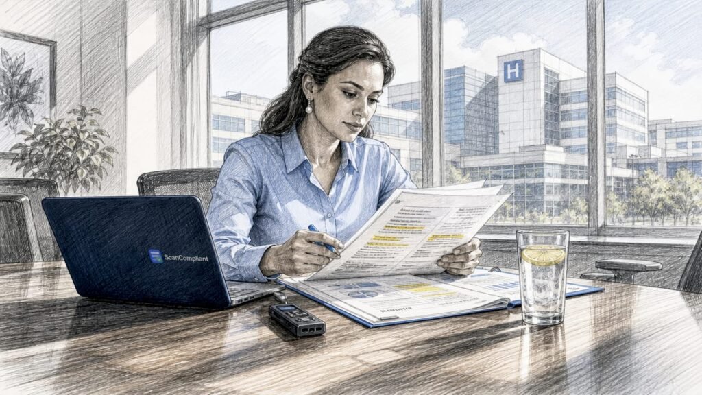Compliance officer reviewing healthcare risk documents
