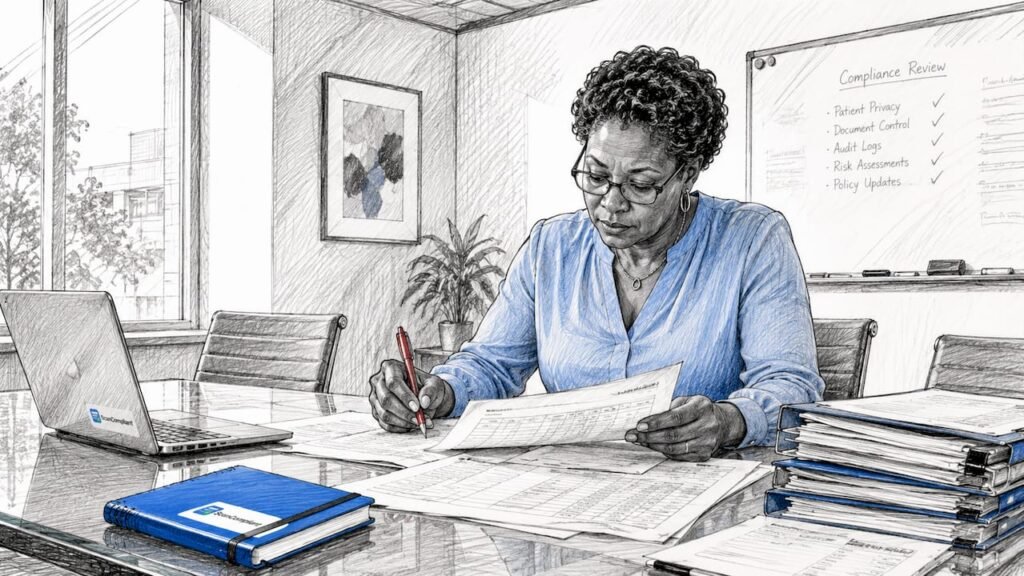 Healthcare compliance officer reviewing documents