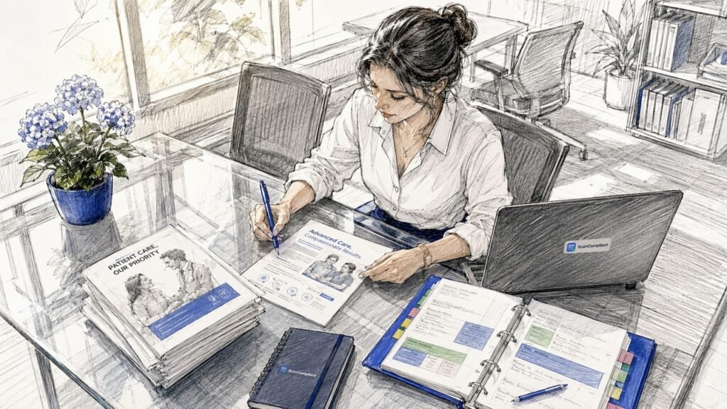 Healthcare compliance officer reviewing marketing documents