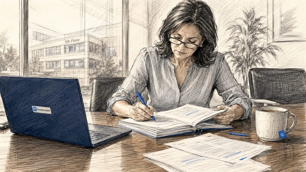 Female regulatory specialist reviewing healthcare documents