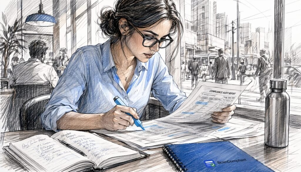 Compliance analyst reviewing audit documents