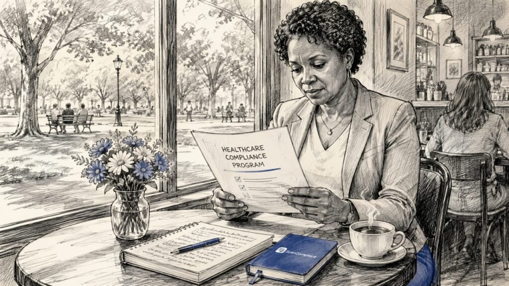Professional reviewing healthcare compliance documents
