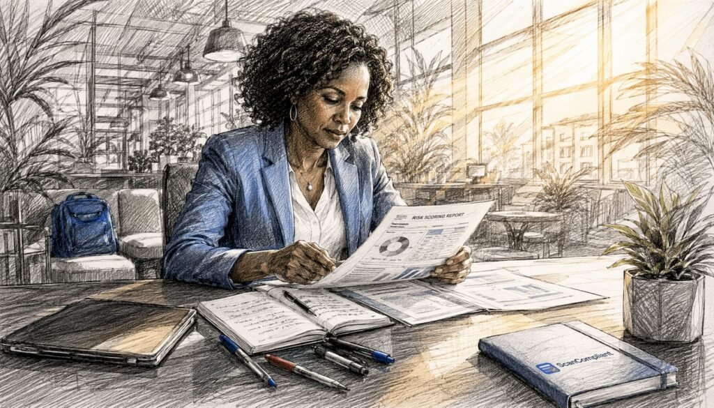Compliance professional reviewing risk reports at desk