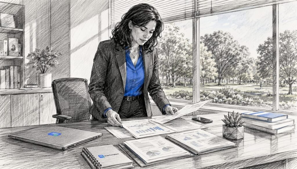 Compliance officer reviewing audit reports at desk