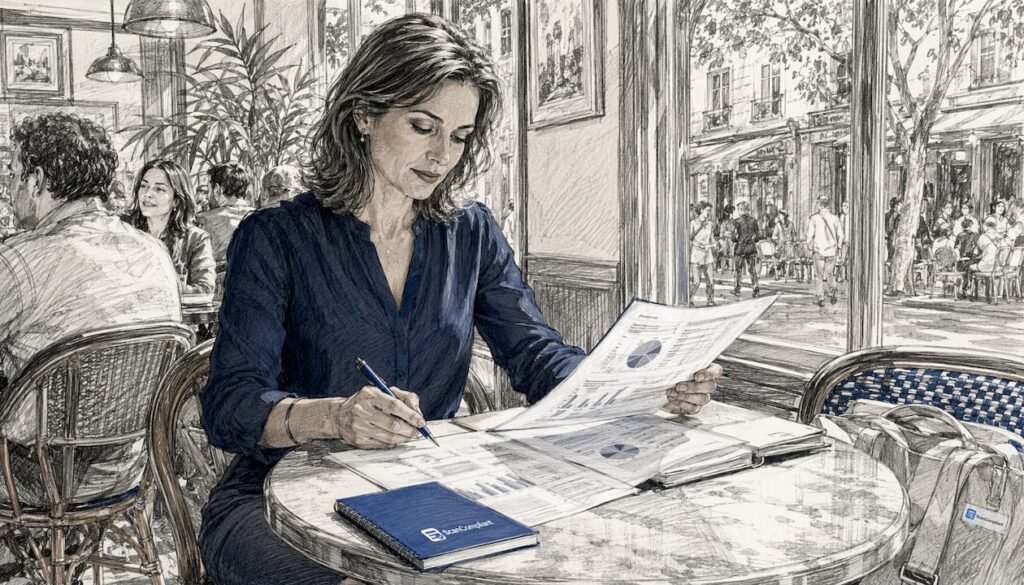 Woman reviewing compliance documents in office