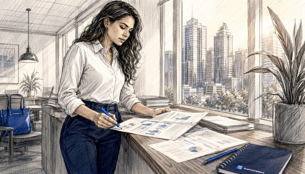 Compliance analyst reviewing printed findings reports