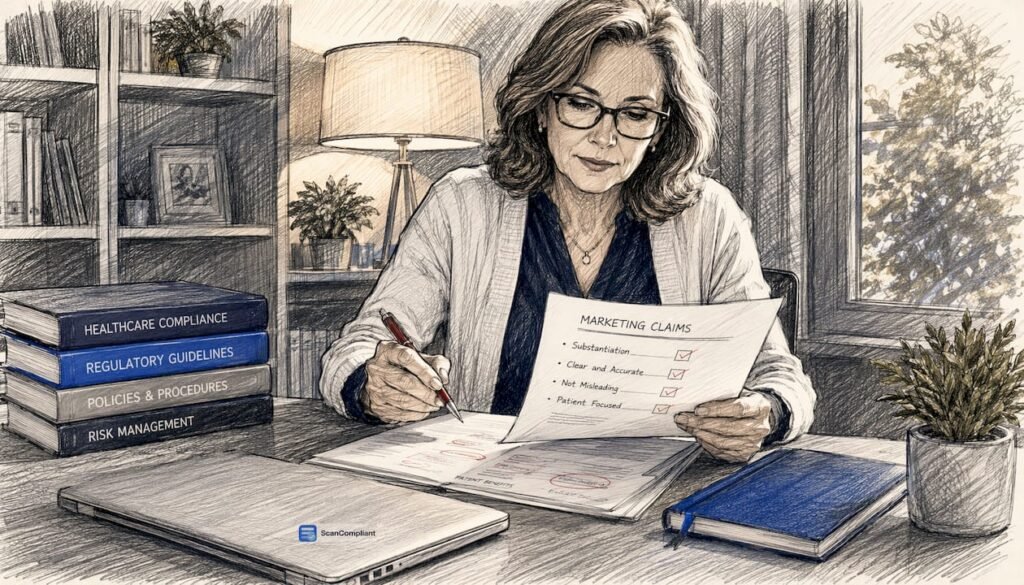 Compliance officer reviewing marketing content documents