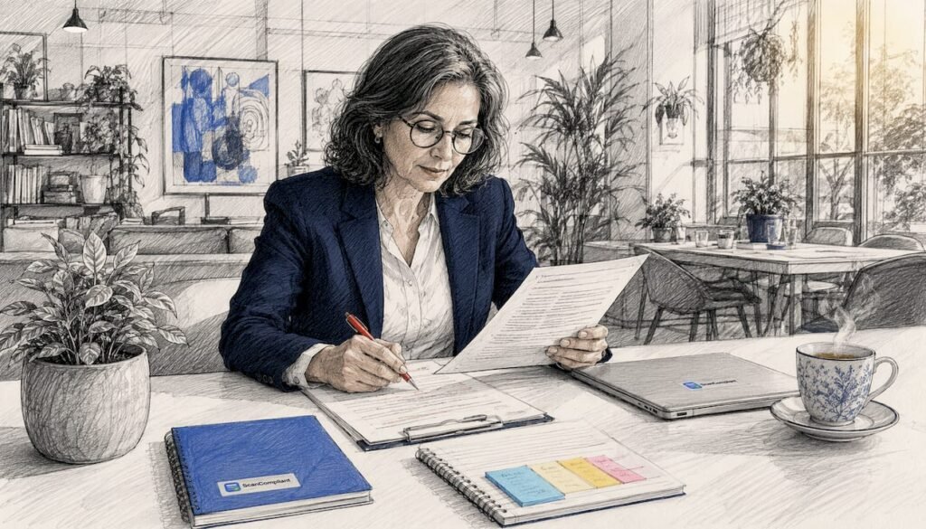 Compliance officer reviewing printouts at desk