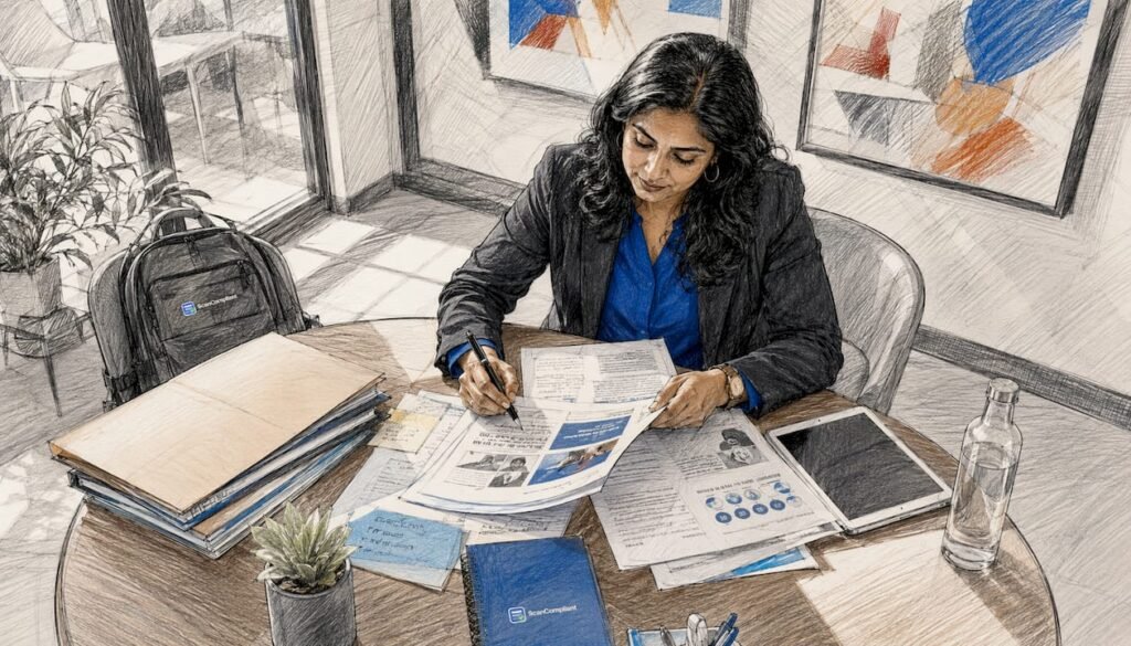Compliance officer reviewing regulatory documents