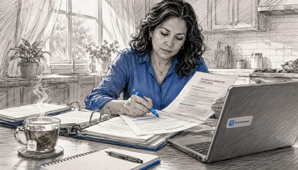 Compliance officer reviewing telehealth marketing documents