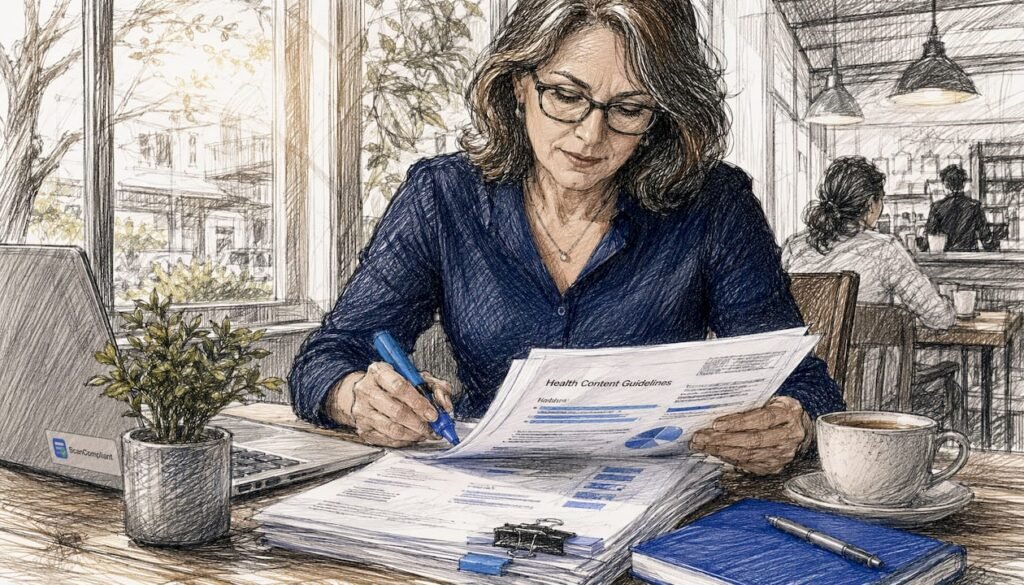 Compliance officer reviewing health content documents