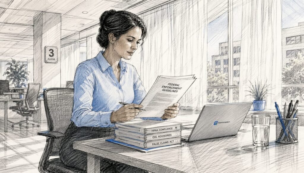 Healthcare compliance officer reviewing regulations at desk