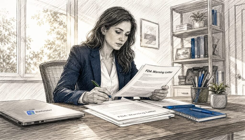 Regulatory specialist reviewing FDA warning letter documents