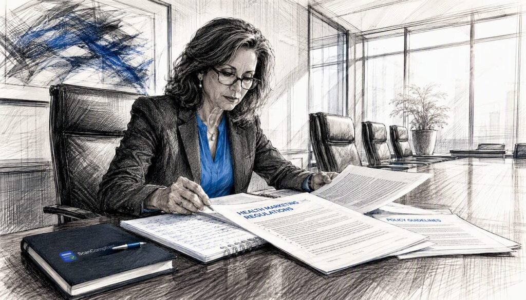 Compliance officer reviewing health content regulations