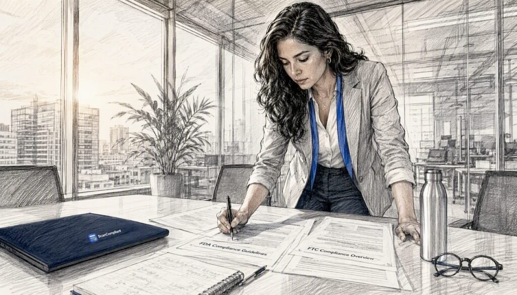 Woman reviewing FDA and FTC compliance documents