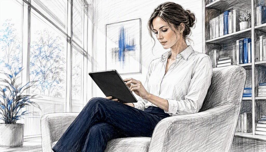 Compliance specialist tagging content on tablet