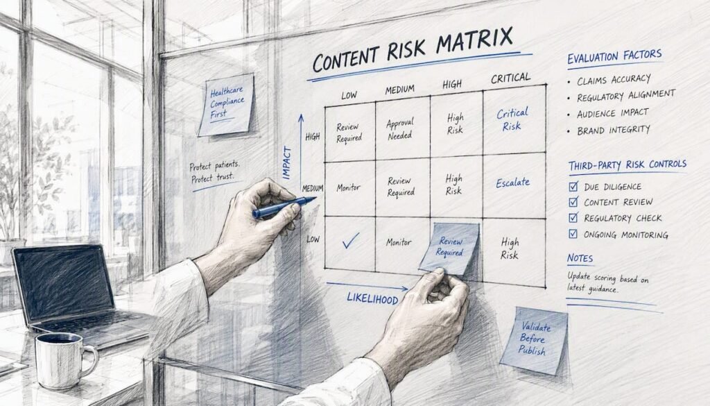 Hands adjusting content risk matrix in healthcare office