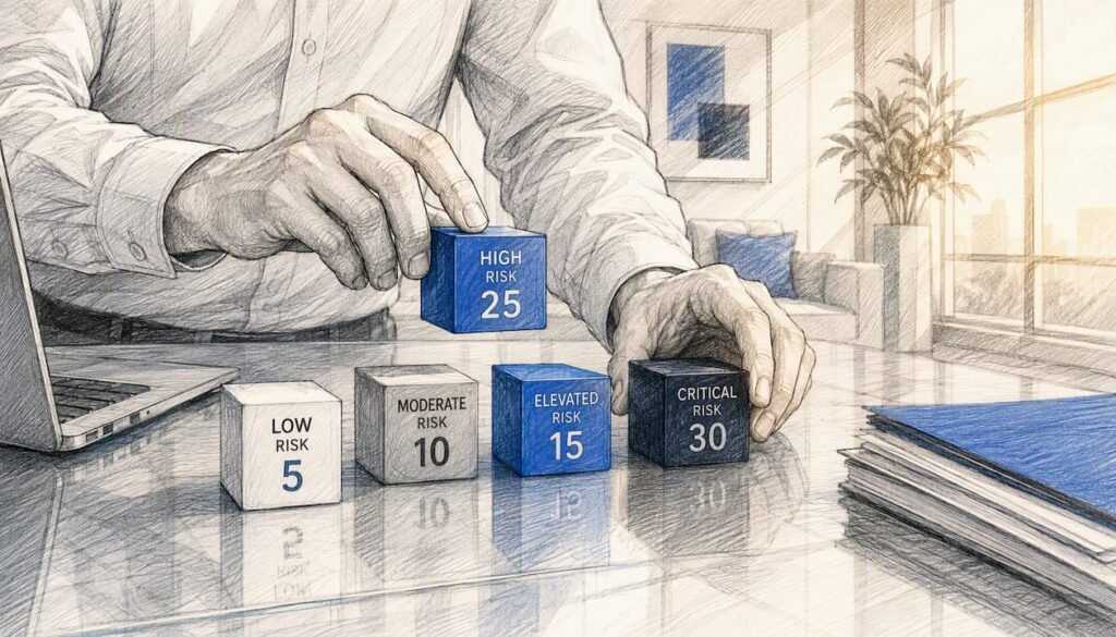 Hands adjusting risk scoring blocks on desk