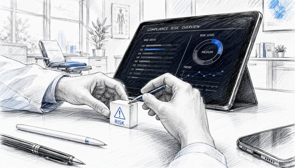 Hands managing telehealth compliance risks
