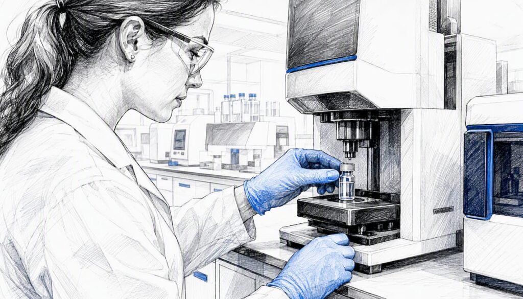 Technician analyzing supplement sample in lab