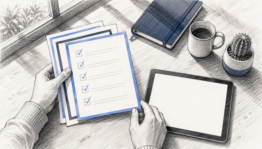 Hands arranging compliance checklists on desk