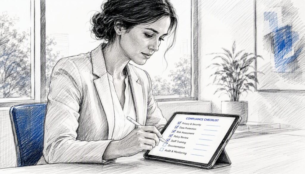 Hands marking digital compliance checklist