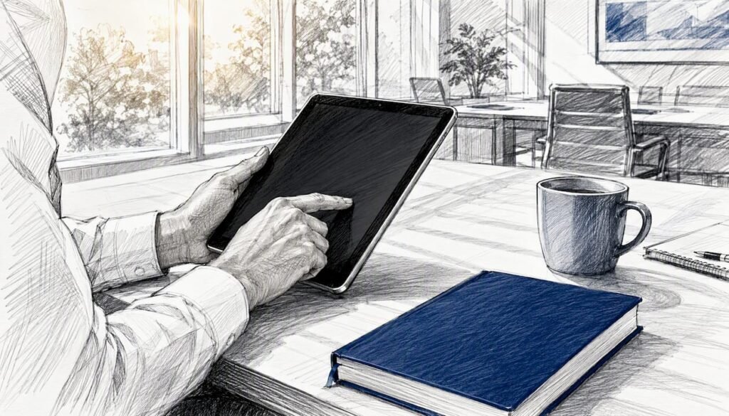 Hands using stylus on tablet in compliance setting