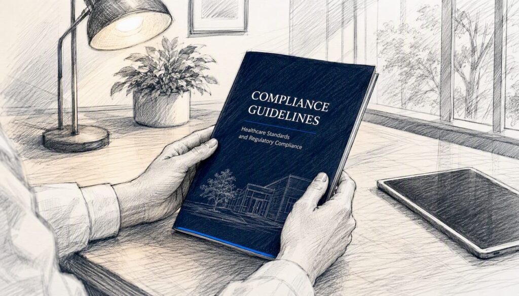 Hands holding telehealth compliance guidelines booklet
