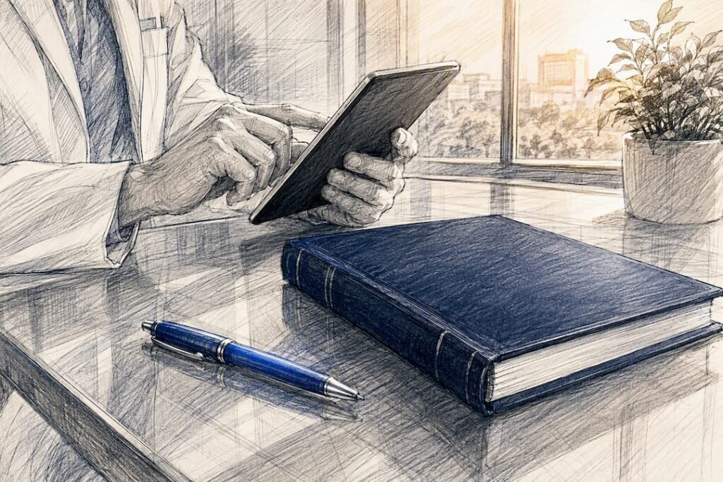 Hands with compliance manual and dark tablet