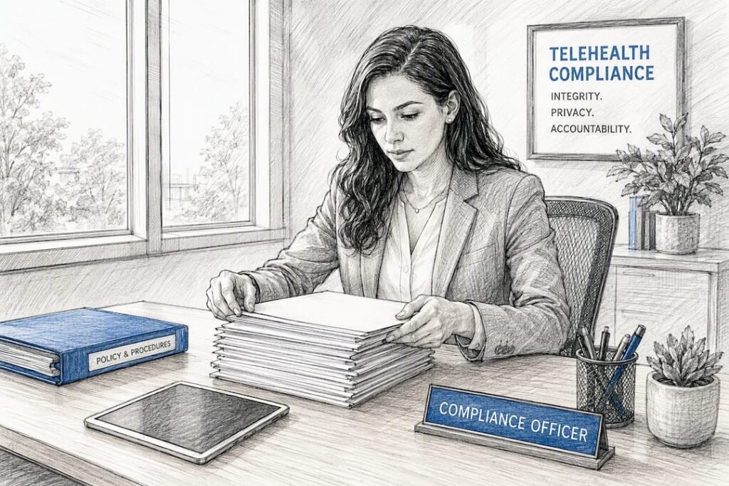 Hands arranging compliance binders and tablet