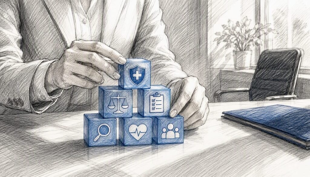 Hands adjusting compliance blocks on desk