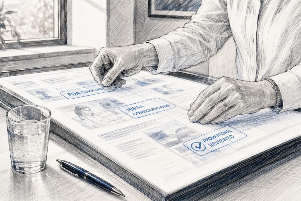 Hands adjusting compliance overlays on lightbox