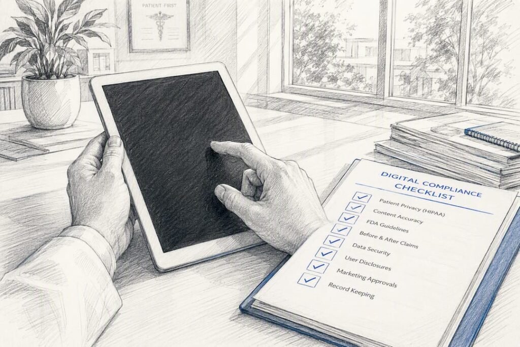 Hands performing compliance checklist at desk